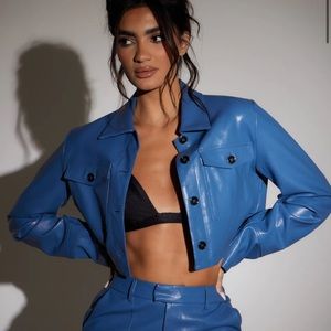 SLA The Label Blue Faux Leather Cropped Jacket NWT